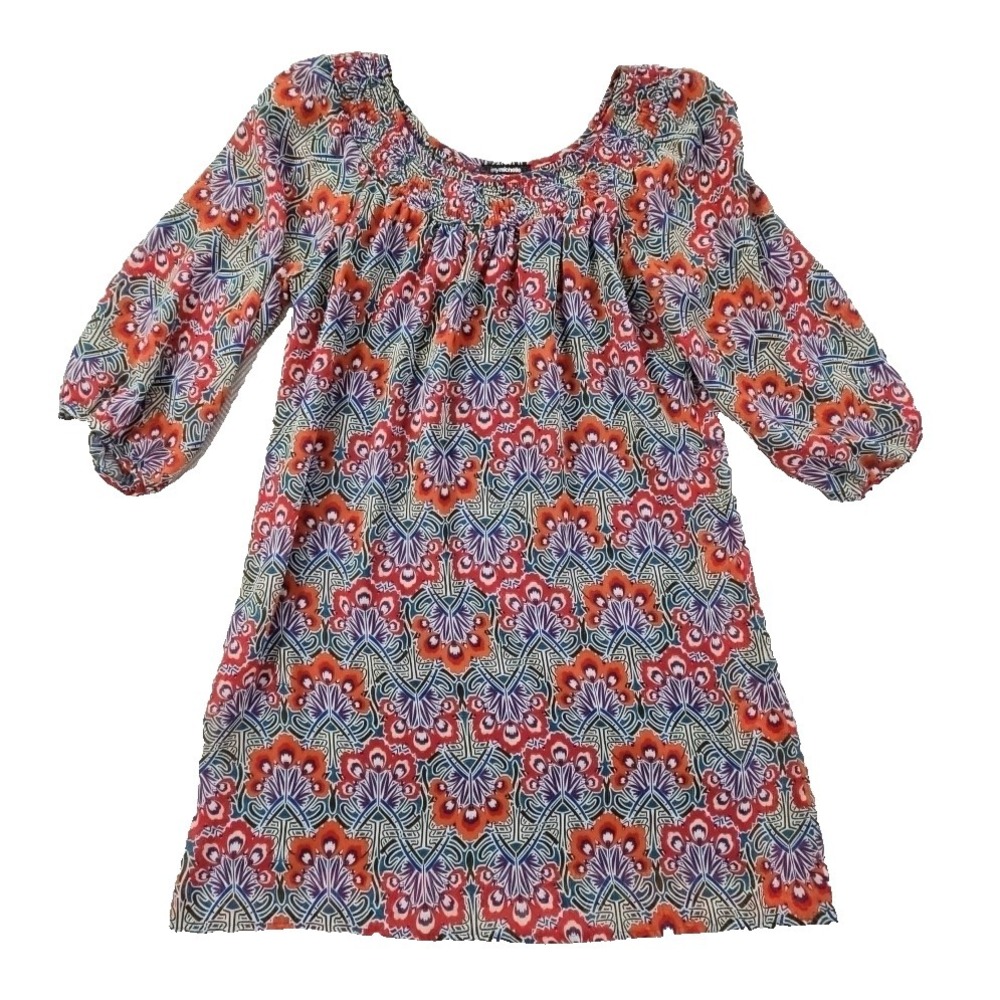 My Michelle Dress Scrunch Neck 3/4 Sleeve Sheer Lined Floral Purple Green Size M